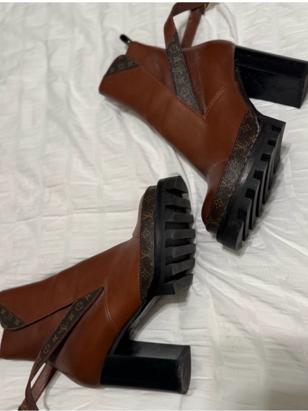 Louis Vuitton Brown Leather Platform Ankle Boots with Monogram Strap - Picture 3 of 3